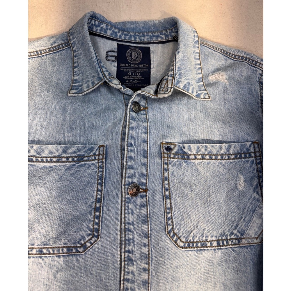 Buffalo David Bitton Light Wash Distressed Denim‎ Shirt Button Up Men's Size XL